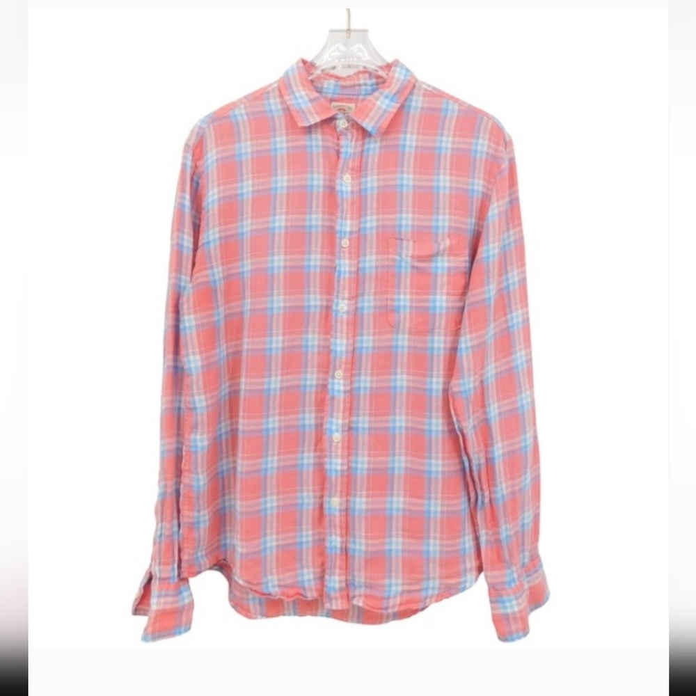 Faherty‎ Brand Linen Laguna Shirt Mens Medium Coral Seas Plaid Button Down Pink